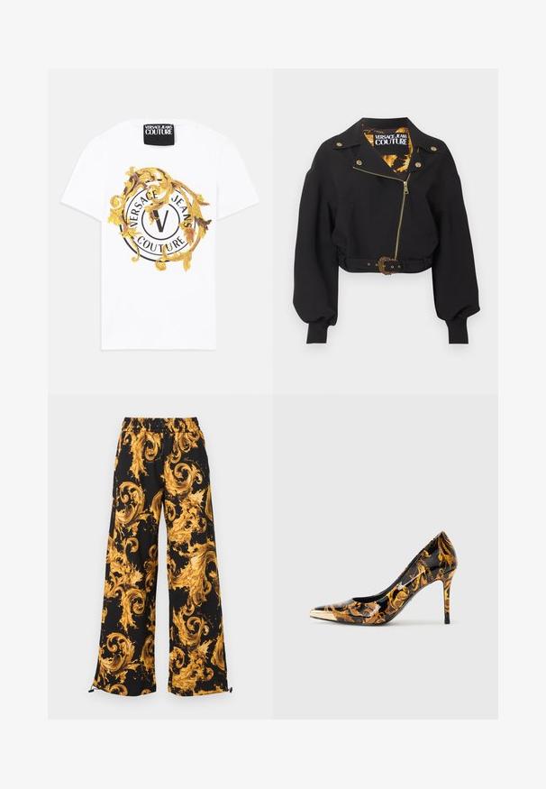 Chaqueta negra corta con cremallera dorada, botones, hebilla del cinturón, mangas largas abullonadas y etiqueta "Versace Jeans Couture" en el interior del cuello.; Camiseta blanca de algodón con un gráfico redondo que presenta motivos en negro y dorado, incluyendo un logo circular y elementos decorativos.; Pantalones negros de pierna ancha con cintura elástica, con un audaz patrón de remolinos barrocos en amarillo dorado y cordones ajustables en los bajos.; Zapato de tacón alto con punta afilada, superficie negra brillante, adornado con patrones florales dorados y una tapa metálica dorada en la punta.