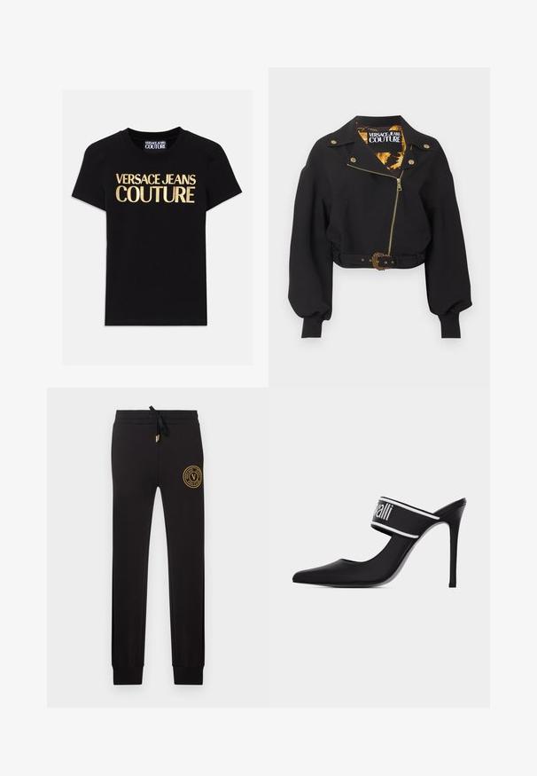 Čierna krátka bunda so zlatým zipsom, gombíkmi a prackou opasku, nadýchané dlhé rukávy a štítok "Versace Jeans Couture" vo vnútri goliera.; Čierne bavlnené tričko s veľkým zlatým nápisom "VERSACE JEANS COUTURE" vpredu, krátke rukávy a okrúhly výstrih.; Čierne priliehavé tepláky s pásom na šnúrku a zlatou nášivkou s logom Versace Jeans Couture na hornej ľavej stehne.; Čierne lodičky na ihličkovom podpätku so špicatou špičkou, hrubým popruhom s logom cez priehlavok a bielym lemovaním na jednoduchom pozadí.