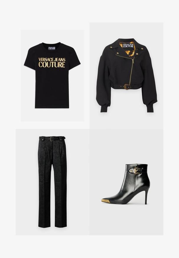 Mustast lühendatud jopes kullast tõmblukk, nupud ja vöö pandlaga, täispuhutud pikad varrukad ning krae sees "Versace Jeans Couture" silt.; Mustmust must-särgid mustast puuvillast, mille esiküljel on suurte kuldsete tähtedega "VERSACE JEANS COUTURE", lühikesed varrukad ja ümmargune kaelus.; Mustad vormirikkad püksid, millel on nüansiline lillemuster, ees aia, vöökohad ja dekoratiivne vöö, ühtlasel taustal.; Mustast läikivast nahast pahkluu saabas, millel on terav nina, kontsasstiletokonts ja kuldse tooniga riistvara koos dekoratiivse pandla detailiga.