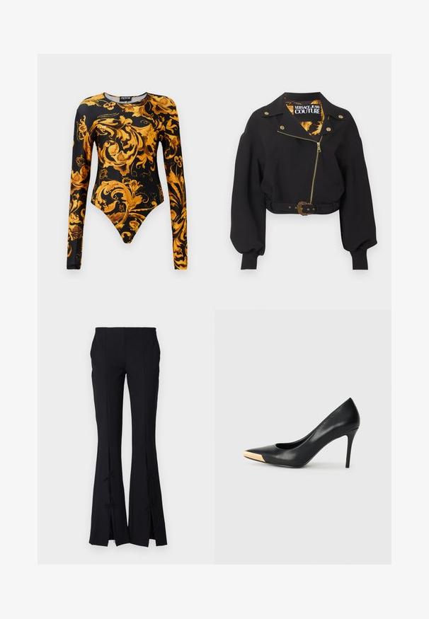 Chaqueta negra corta con cremallera dorada, botones, hebilla del cinturón, mangas largas abullonadas y etiqueta "Versace Jeans Couture" en el interior del cuello.; Bodysuit negro con mangas largas, que presenta ornados patrones florales dorados y un diseño de pierna alta. Fabricado en un material suave.; Pantalones negros acampanados de tela suave, con aberturas en el dobladillo atadas con lazos para un detalle adicional.; Zapato de tacón alto de cuero negro con puntera afilada; presenta un detalle metálico dorado en la tapa del tacón. Superficie lisa con un diseño elegante.