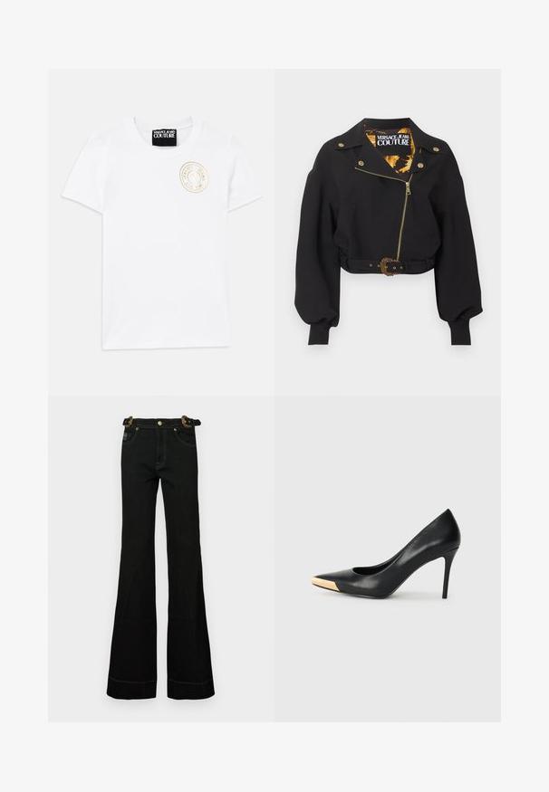 Zwarte cropped jas met gouden rits, knopen en gesp van de riem, opgeblazen lange mouwen en een "Versace Jeans Couture" label aan de binnenkant van de kraag.; Witte katoenen t-shirt met korte mouwen en ronde halslijn. Bevat een gouden geborduurd logo op de borst. Eenvoudig en klassiek ontwerp.; Zwarte, wijde jeans met een hoge taille, voorzien van een gestructureerde riem, gouden hardware en contrasterende witte stiksels langs de naden.; Zwarte leren hoge hak pump met een spitse neus; heeft een metallic gouden accent op de neuskap. Glad oppervlak met een stijlvolle vormgeving.