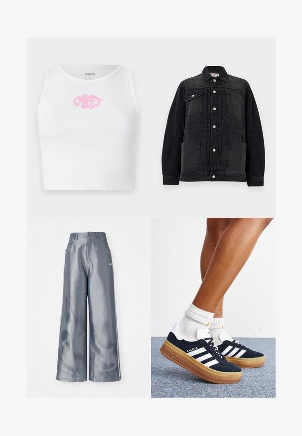 Sort denimjakke med knaplukning foran, to nederste lommer med lap, og to øverste brystlommer—én med knaplukket klap, den anden åben.; Hvid ribbet crop top med et pink "OBEY" logo i midten. Designet med en rund halsudskæring og uden ærmer.; Bredde benbukser i skinnende grå materiale med hvide sidelookstriber og et flammemønster på underbenene. Knap- og lynlåslukning i taljen.; Ben iført hvide sokker og sorte Adidas Gazelle sneakers med hvide striber og tykke brune såler på et gråt tæppe.