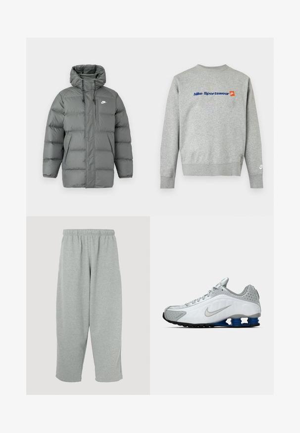 Grå pufferjakke med hætte, lynlås og justerbare snore. Har store polstrede sektioner og en sidelomme med logo.; Lysegrå Nike sweatshirt med blå "Nike Sportswear" tekst og lille orange Nike-logo på brystet, hvidt Nike-logo på venstre ærmekant.; Lysegrå joggingbukser med elastisk taljebånd, konisk ben-design og blød tekstur. Ingen synligt mærke eller mønstre.; Hvide og grå Nike løbesko med sølv swoosh, blå fjederlignende såleelementer og sort slidbane på en ensfarvet baggrund.