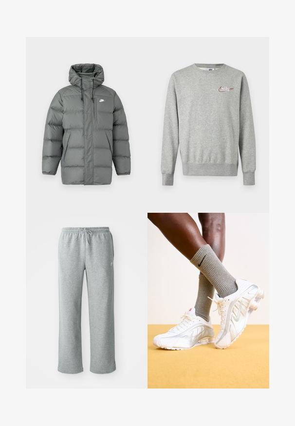 Graue Daunenjacke mit Kapuze, Reißverschluss und verstellbaren Kordeln. Sie verfügt über große gepolsterte Abschnitte und eine Seitenjacke mit Logo.; Hellgraues Sweatshirt mit Rundhalsausschnitt, langen Ärmeln und kleinem roten und weißen Nike-Logo auf der linken Brust.; Graue Sweatpants aus Baumwolle mit elastischem Bund, Kordelzugverschluss und geraden Beinen. Verfügt über ein kleines Logo auf der oberen linken Seite.; Nike-Sneaker in Weiß mit silbernen Akzenten, ausgestattet mit strukturierten Paneelen und Perforationen. Kombiniert mit grauen gerippten Socken, vor einem gelben Hintergrund.