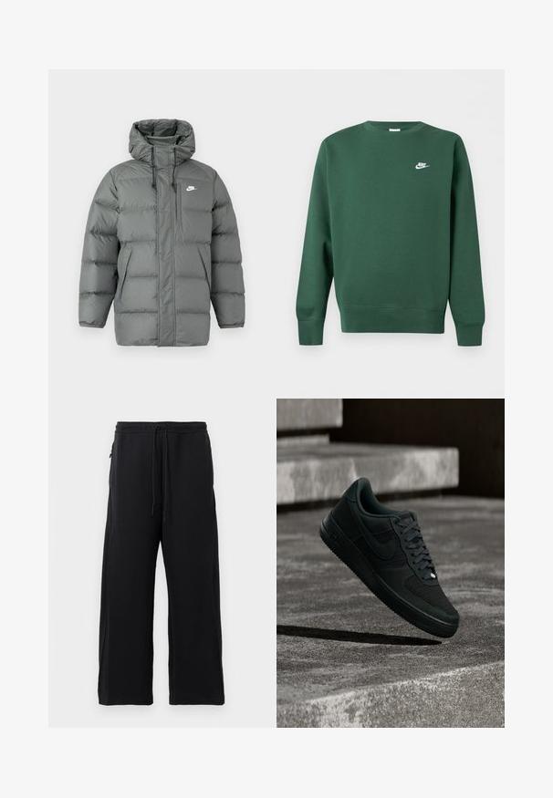 Doudoune grise avec capuche, fermeture éclair et cordons réglables. Dotée de grandes sections rembourrées et d'une poche latérale avec logo.; Sweat-shirt vert foncé à col rond avec manches longues et petit logo blanc Nike sur la poitrine gauche.; Pantalons de survêtement noirs en tissu doux, dotés d'une taille avec cordon de serrage, d'une coupe large et de poches latérales avec une texture lisse.; Baskets Nike Air Force 1 noires avec détails en mesh et cuir, flottant au-dessus de marches en béton texturé dans une lumière tamisée.