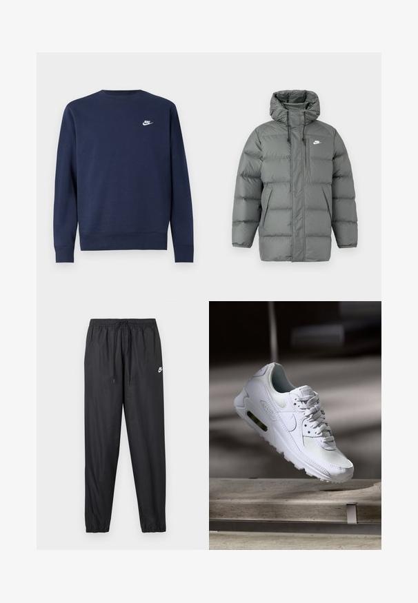 Šedá puffa bunda s kapucňou, zipsom a nastaviteľnými šnúrkami. Obsahuje veľké polstrované sekcie a bočnú kapsu s logom.; Tmavomodrá mikina vyrobená z mäkkého materiálu, s okrúhlym výstrihom a dlhými rukávmi, s malým bielym logom Nike na hrudi.; Čierne teplákové nohavice so elastickým pásom a nastaviteľným šnúrkou. Jemný, ľahký materiál s malým bielym logom Nike.; Biele tenisky Nike Air Max 90 s vrchnou časťou z kože a sieťoviny, perforovanou špičkou a viditeľnou vzduchovou jednotkou v päte.