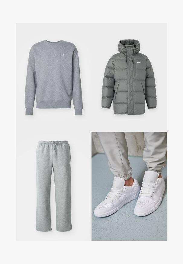 Doudoune grise avec capuche, fermeture éclair et cordons réglables. Dotée de grandes sections rembourrées et d'une poche latérale avec logo.; Sweatshirt en coton gris avec un col rond, des manches longues et des poignets côtelés. Présente un logo brodé blanc sur la poitrine gauche.; Pantalons de survêtement en coton gris avec une taille élastique, fermeture à cordon et jambes droites. Comprend un petit logo sur le côté supérieur gauche.; Des baskets en cuir blanc présentent une zone de perforation à l'avant, des lacets plats, un col rembourré et le logo Jordan sur la languette. Portées avec un pantalon de jogging gris.