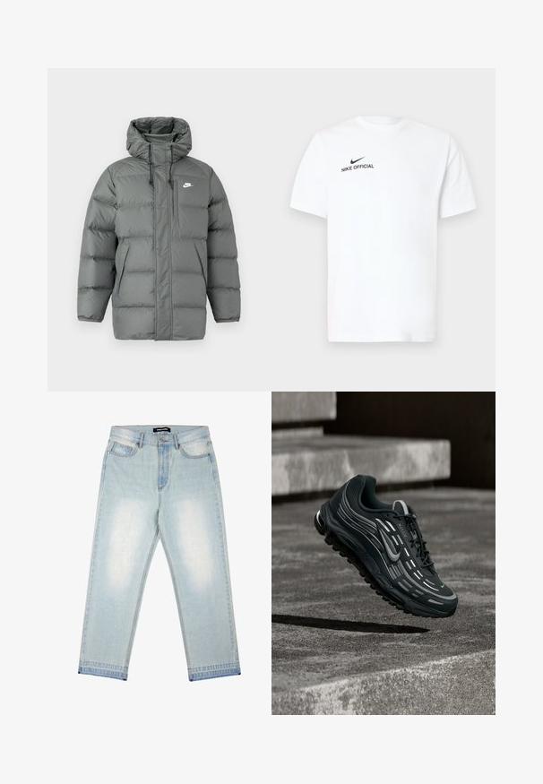 Graue Daunenjacke mit Kapuze, Reißverschluss und verstellbaren Kordeln. Sie verfügt über große gepolsterte Abschnitte und eine Seitenjacke mit Logo.; Weißes Baumwoll-T-Shirt mit kurzen Ärmeln. Es zeigt ein schwarzes "Nike Official"-Logo und einen schwarzen Swoosh auf der linken Brustseite.; Pegador BARROW - Loose Jeans - sand washed blue; Schwarzer und grauer Nike Air Max Sneaker, der über graue Betonstufen mit strukturiertem Bodenhintergrund schwebt.