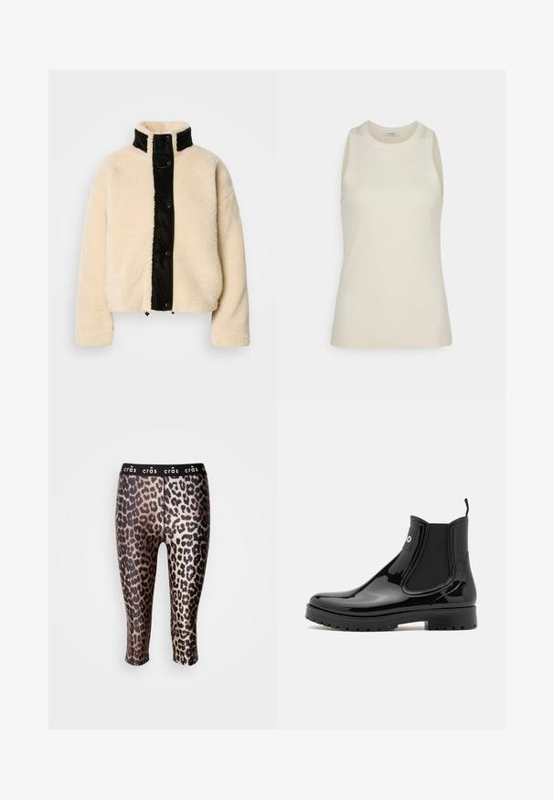 Veste en polaire de couleur crème avec un panneau avant noir brillant, col montant et boutons-pression ; présente une texture douce et un design court.; IVY OAK KLARA ANN - Débardeur - almond milk; Leggings cropped en tissu élastique avec un imprimé léopard noir et or, dotées d'une ceinture élastique noire.; HUGO TABITA - Bottes en caoutchouc - black