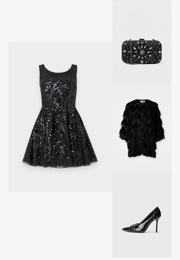 Veste noire avec un design texturé et superposé, fabriquée en tissu effilé. Ouverture frontale, manches courtes et col rond.; Robe de cocktail noire sans manches avec une jupe évasée, décorée de sequins noirs et argentés élaborés en motifs floraux.; Chaussure à talon aiguille en cuir verni noir avec bout pointu, trois lanières décoratives avec clous, et logo "Karl Lagerfeld" sur le talon.; Pochette noire de forme rectangulaire, ornée de divers strass disposés en motifs floraux, dotée d'une chaîne en argent pour le transport.