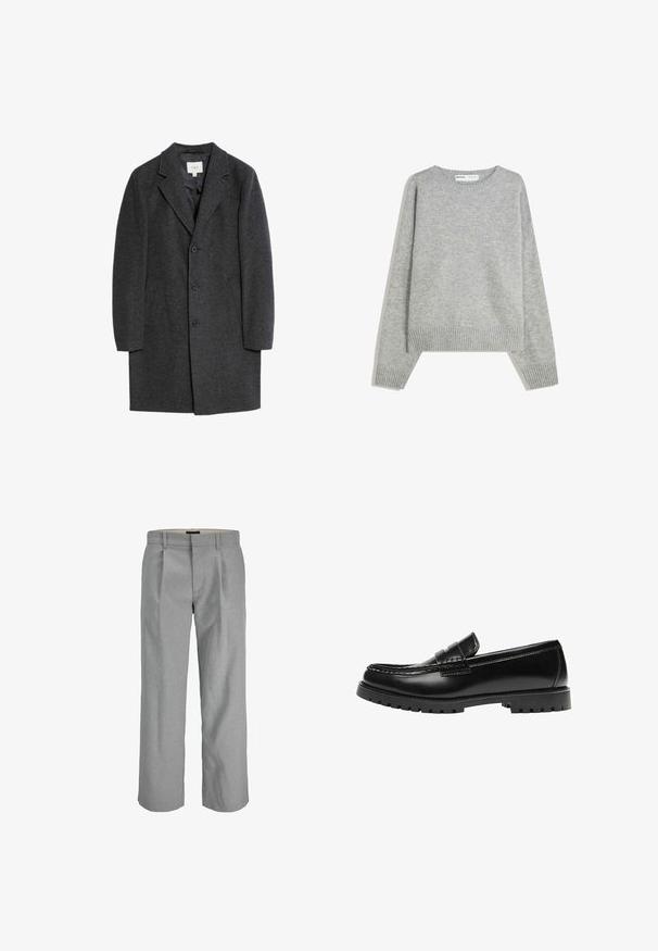 Manteau en laine gris foncé avec un col cranté, fermeture à trois boutons et poches latérales. Texture lisse et coupe cintrée.; Pull en tricot gris avec un col rond, des poignets et un ourlet côtelés, offrant une coupe décontractée et une texture douce.; Pantalons gris clair en tissu texturé, dotés de plis à l'avant, de jambes droites et d'une taille standard pour la fermeture.; Mocassin en cuir noir avec une semelle en caoutchouc épaisse et un détail classique de bride à monnaie, vu de côté extérieur.