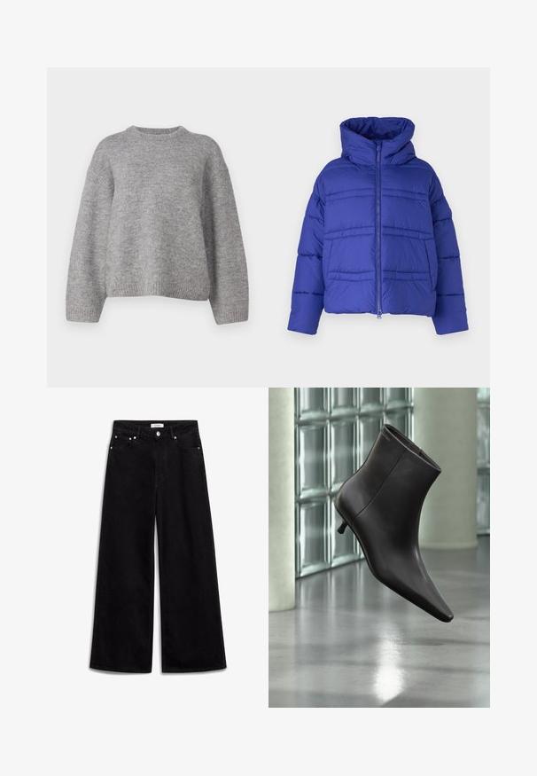 Veste doudoune bleue avec capuche, dotée de coutures matelassées et d'une fermeture éclair. Fabriquée à partir d'un matériau léger et isolant.; Gina Tricot CREW NECK - Pullover - mid grey; Jean large noir en denim, avec une taille haute, cinq poches et des accents en métal argenté. Texture lisse, design épuré.; Bottine en cuir noir avec bout pointu et petit talon, présentée devant un mur en blocs de verre et un sol poli.