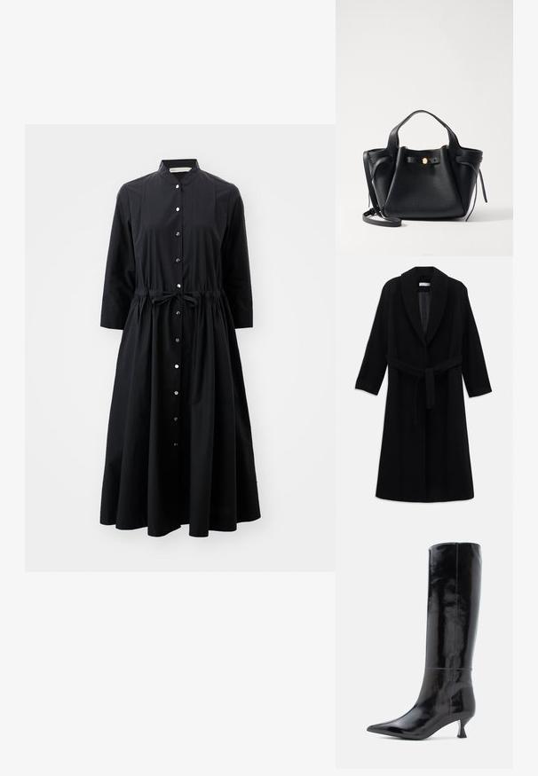 Langer schwarzer Wollmantel mit Schalkragen und einem in der Taille gebundenen Gürtel, flach auf weißem Hintergrund präsentiert.; Schwarzes Langarmkleid aus Baumwolle mit durchgehender Knopfleiste, tailliertem Bund mit Gürtel und ausgestelltem Rock.; Schwarze Lederstiefel bis zum Knie mit glänzender Oberfläche, spitzer Zehe und kleinem, quadratischen Absatz. Glatte Textur, minimale Nähdetails.; Schwarze Ledertasche mit strukturierter Form, ausgestattet mit einem goldenen Akzent, zwei kurzen Griffen und einem abnehmbaren langen Tragegurt. Texturierte Oberfläche.
