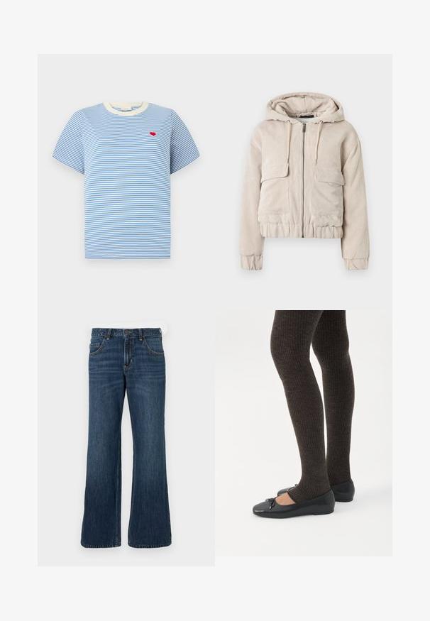 Krukket beige kordfløjlsjakke med hætte, lynlås foran og to forlommer; tekstureret stof samt elastiske manchetter og kant.; Blåstribet t-shirt med kortærmer, cremede ribbede krave og en lille broderet rød hjerte på brystet. Mellemstof i bomuld.; Mørkeblå jeans med vide ben og klassisk design med fem lommer, der har knaplukning og diskret falming. Fremstillet af denimstof.; Ben iført mørke ribbede leggings kombineret med sorte balletsko med små sløjfedetaljer på hvid baggrund.