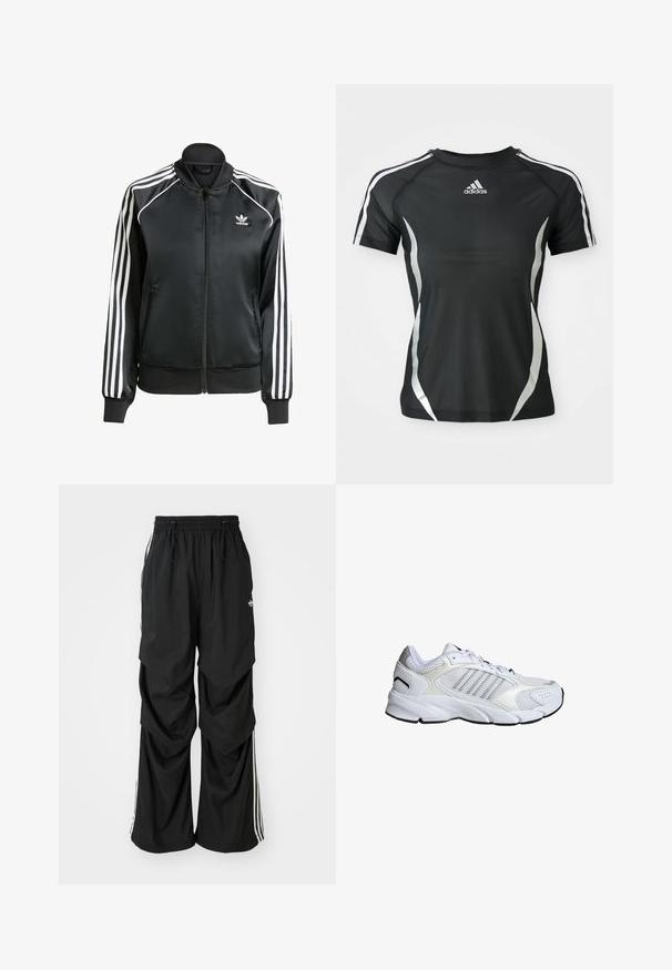 Sort satin bomberjakke med hvide striber på ærmerne, lynlåslukning, ribbet krave og manchetter, samt et lille logo på brystet.; Sort Adidas atletisk T-shirt med korte ærmer, hvide striber på skuldrene og sølvfarvede buede detaljer på siderne.; Sorte løstsiddende bukser med elastisk talje, snøre og hvide sidestriber; lavet af letvægtsstof med en glat tekstur.; Hvide sportsko i åndbart mesh og syntetiske materialer, med tre sølvstriber, struktureret gummisål og polstret krave.