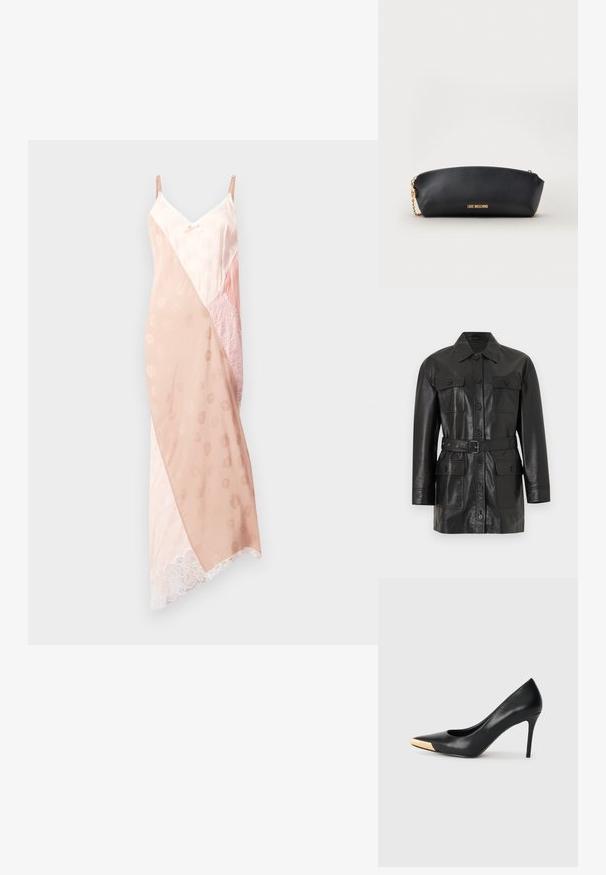 Veste longue en cuir noir à manches longues avec fermeture à boutons, quatre poches à rabat boutonnées et une ceinture assortie à la taille.; Robe droite en quartz rose avec des bretelles réglables, offrant un mélange de textures satinées lisses et de dentelle, un design de coloris en bloc diagonal et une finition en dentelle.; Pompe à talon haut en cuir noir avec bout pointu ; présente une accentuation métallique dorée sur le capuchon. Surface lisse avec un design épuré.; Pochette Moschino noire avec bandoulière chaîne dorée et lettrage logo doré à l’avant, sur fond clair uni.