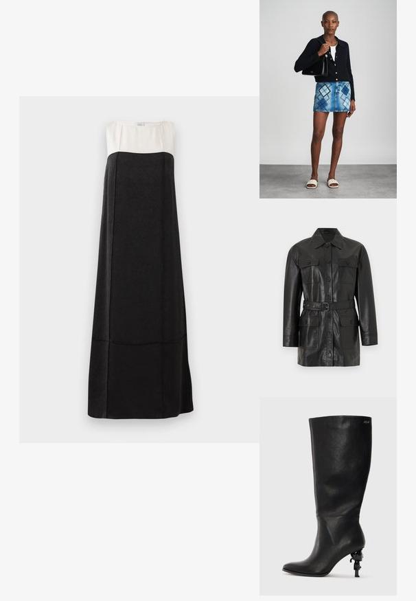 Veste longue en cuir noir à manches longues avec fermeture à boutons, quatre poches à rabat boutonnées et une ceinture assortie à la taille.; Robe maxi avec une partie inférieure noire texturée et une partie supérieure lisse blanche. Présente un col rond et une silhouette droite.; Botte noire à mi-mollet en cuir lisse. Elle possède un bout pointu et un talon sculptural distinctif avec un accent décoratif.; Un cardigan en maille noir, un haut blanc, une jupe en denim avec un motif de diamants bleus et noirs, un sac à main noir et des sandales à enfiler beiges.