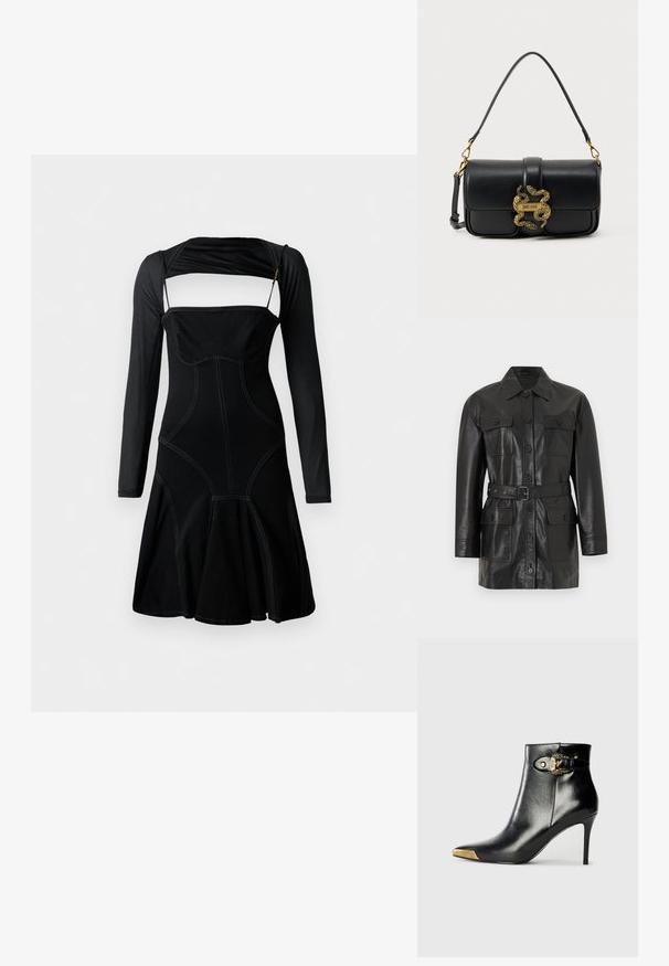 Veste longue en cuir noir à manches longues avec fermeture à boutons, quatre poches à rabat boutonnées et une ceinture assortie à la taille.; Robe noire à manches longues, corsage ajusté et ourlet évasé. Présente des coutures contrastantes et un design de découpe unique au niveau de l'encolure.; Bottine noire en cuir brillant, avec un bout pointu, un talon aiguille, et des accessoires dorés ornés d'une boucle décorative.; Sac à bandoulière en cuir noir avec fermoir double serpent en or et plaque logo "Just Cavalli" sur le rabat avant.