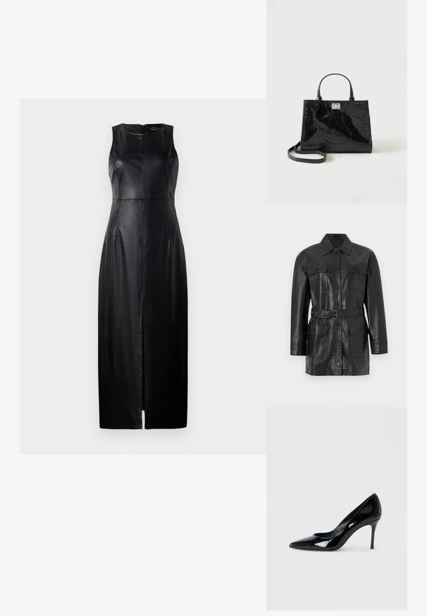 Chaqueta larga de cuero negro con cierre de botones, cuatro bolsillos con solapa abotonados y un cinturón a juego en la cintura.; Vestido negro sin mangas de cuero, con un diseño ajustado, corte a la altura de la rodilla y una sutil abertura frontal. Detalle de cierre de cremallera en la parte posterior.; Zapato de charol negro con punta afilada y un tacón de aguja delgado. Textura suave con un acabado brillante y un diseño minimalista.; Bolso de mano negro de piel patentada con asas redondeadas, una correa de hombro desmontable y cierre de broche plateado sobre un fondo blanco liso.
