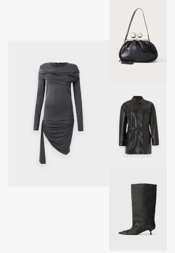 Chaqueta larga de cuero negro con cierre de botones, cuatro bolsillos con solapa abotonados y un cinturón a juego en la cintura.; Vestido ajustado de manga larga en gris oscuro con tela drapeada en el pecho y falda asimétrica con frunces y una cinta colgante en un lado.; Bota de cuero negra hasta el tobillo con punta afilada, tacón pequeño y detalle metálico en la punta. Textura suave y mate en toda la superficie.; Bolso de mano de cuero negro con diseño fruncido, una sola correa, marco metálico plateado y dos cierres grandes redondos de plata.