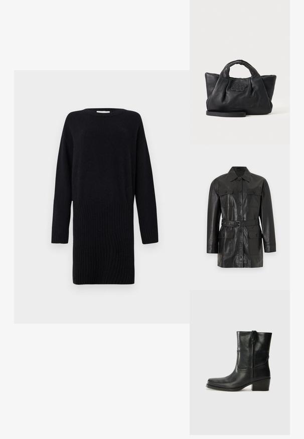 Čierna kožená bunda s dlhými rukávmi na zapínanie na gombíky, štyri vrecká s klopami na gombíky a zodpovedajúci opasok v páse.; CLOSED CREW NECK MINI DRESS - Svetríkové šaty - black; Čierne kožené členkové topánky s okrúhlou špičkou, blokovým podpätkom, bočným zipsom a prešívaním na priehlavku. Hladká textúra, klasický dizajn.; Čierna mäkká kožená kabelka s krátkymi rúčkami, odnímateľným popruhom a prešitým logom vpredu, na jednoliatom svetlom pozadí.