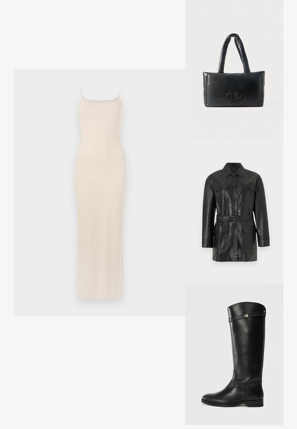 Chaqueta larga de cuero negro con cierre de botones, cuatro bolsillos con solapa abotonados y un cinturón a juego en la cintura.; Vestido maxi de satén beige con finas tirantes tipo spaghetti, corsé ajustado y una silueta recta que cae hasta el tobillo. Textura suave, diseño minimalista.; Botas de cuero negro hasta la rodilla con una textura suave, que presentan un acento plateado "SM" y un diseño sencillo. Tacón bajo y plano.; Bolso de mano acolchado rectangular negro con dos asas acolchadas y un logotipo central en relieve en el panel frontal.