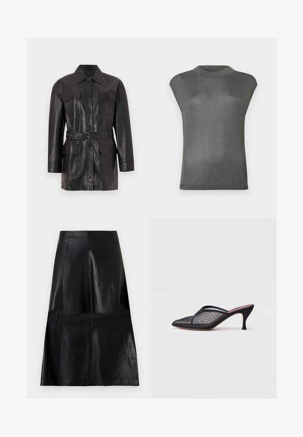 Veste longue en cuir noir à manches longues avec fermeture à boutons, quatre poches à rabat boutonnées et une ceinture assortie à la taille.; Haut court à manches courtes, gris métallisé, avec un col haut. Fabriqué dans un matériau extensible et légèrement réfléchissant. Texture lisse et design ajusté.; Jupe en cuir noire longueur genou avec des coutures de panneaux verticales et horizontales, légèrement évasée au bas.; Mule en mesh noir avec un bout pointu, de fines lanières et un talon stiletto de 3 pouces. Présente une texture transparente et une semelle tonale solide.