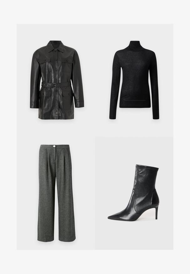 Sort læderjakke med lange ærmer, lynlås med knapper, fire knaplukkelommer med klap og et matchende bælte i taljen.; Sort langærmet turtle neck top lavet af letvægtsstof, med en tætsiddende design og minimale sømdetaljer, velegnet til lagdeling.; Grå, vide benbukser i et struktureret hørmønster med frontfolder og en knaplukning i taljen.; Sorte ankelstøvler lavet af glat læder, med spids tå, tætsiddende skaft og en slank høj hæl. Minimalistisk design uden synligt hardware.