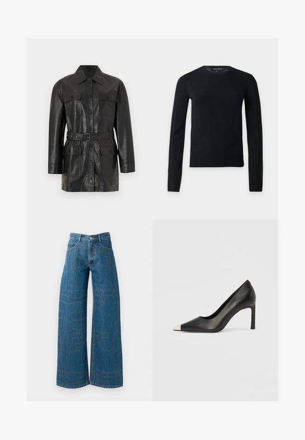 Veste longue en cuir noir à manches longues avec fermeture à boutons, quatre poches à rabat boutonnées et une ceinture assortie à la taille.; Pull noir à manches longues avec col rond, coupe slim et détails subtils de couture, présenté sur un fond clair uni.; Jeans évasés en denim bleu moyen avec des motifs de couture contrastants et plusieurs designs de poches. Taille haute avec une fermeture à bouton.; Chaussure à talon haut en cuir noir avec bout pointu et capuchon argenté métallique. Présente une finition lisse et un talon fin de 10 cm.