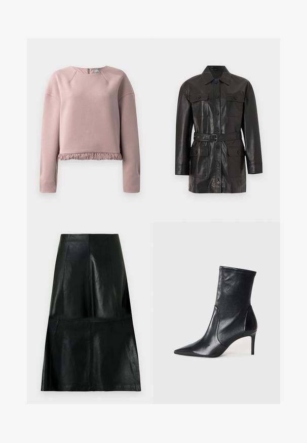 Schwarze Lederjacke mit langen Ärmeln, Knopfverschluss, vier knöpfbaren Pattentaschen und einem passenden Gürtel in der Taille.; Helles rosa Sweatshirt aus weichem Material, mit Rundhalsausschnitt, langen Ärmeln und einem rüschengestalteten Saum. Mit Reißverschluss-Detail hinten.; Schwarzer kniehoher Lederminirock mit vertikalen und horizontalen Nähten in Paneel-Optik, am Saum leicht ausgestellt.; Schwarze Stiefeletten aus glattem Leder, mit einer spitzen Zehe, schmalem Schaft und schlanker, hoher Ferse. Minimalistisches Design ohne sichtbare Beschläge.