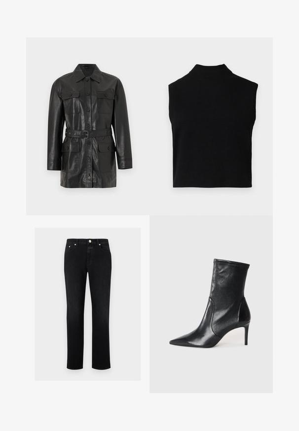 Veste longue en cuir noir à manches longues avec fermeture à boutons, quatre poches à rabat boutonnées et une ceinture assortie à la taille.; Haut noir sans manches avec col roulé, au design ajusté, fabriqué en tissu doux, avec un col côtelé et une texture lisse.; Jean noir à jambe droite avec cinq poches, fermeture à bouton et passants pour ceinture, présenté sur un fond blanc.; Bottes noires à la cheville en cuir lisse, dotées d'un bout pointu, d'un tige ajustée et d'un talon haut fin. Design minimaliste sans quincaillerie visible.