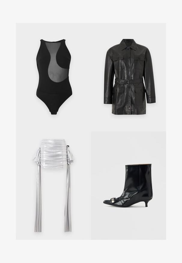 Veste longue en cuir noir à manches longues avec fermeture à boutons, quatre poches à rabat boutonnées et une ceinture assortie à la taille.; Maillot de bain une pièce noir avec un design découpé en maille, sans manches, col montant, et fermeture pressionnée en bas. Texture lisse sur toute la surface.; Mini-jupe argentée métallique froncée avec de longues attaches latérales pendantes de chaque côté, présentée sur un fond blanc.; Bottine en cuir noir avec bout pointu, petit talon kitten bas et boucle décorative en argent sur le côté près de l'orteil.