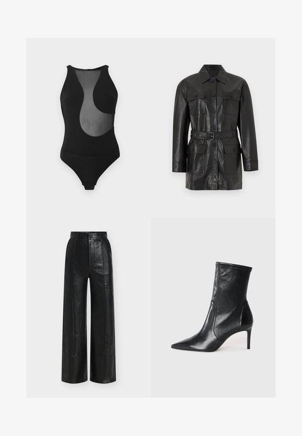 Veste longue en cuir noir à manches longues avec fermeture à boutons, quatre poches à rabat boutonnées et une ceinture assortie à la taille.; Maillot de bain une pièce noir avec un design découpé en maille, sans manches, col montant, et fermeture pressionnée en bas. Texture lisse sur toute la surface.; Pantalon noir à jambes larges en cuir lisse, doté d'une taille haute, de plis subtils, et d'une fermeture classique à boutons et zip.; Bottes noires à la cheville en cuir lisse, dotées d'un bout pointu, d'un tige ajustée et d'un talon haut fin. Design minimaliste sans quincaillerie visible.