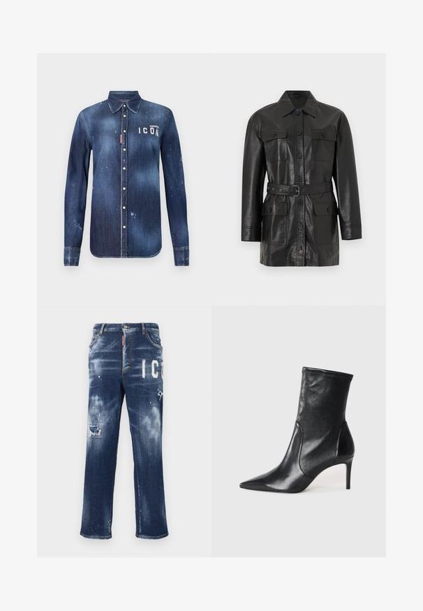 Sort læderjakke med lange ærmer, lynlås med knapper, fire knaplukkelommer med klap og et matchende bælte i taljen.; Denimskjorte i mørkeblå, med knap-ned design, bevaret slid, distressed detaljer og hvid "ICON" tekst på brystet.; Mørkeblå denimjeans med slidte lapper, lyse malingspletter og fed hvid tekst. Straight leg design med en klassisk pasform.; Sorte ankelstøvler lavet af glat læder, med spids tå, tætsiddende skaft og en slank høj hæl. Minimalistisk design uden synligt hardware.