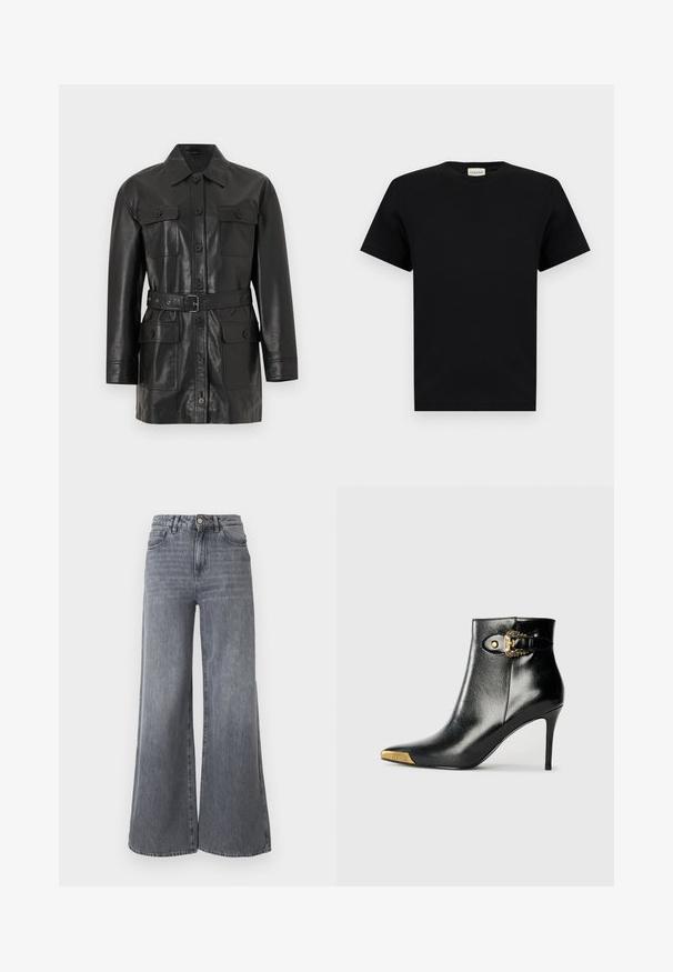 Veste longue en cuir noir à manches longues avec fermeture à boutons, quatre poches à rabat boutonnées et une ceinture assortie à la taille.; T-shirt noir à manches courtes et col rond avec une petite étiquette blanche au niveau du col affichant le nom de la marque "CLOSED."; Jean à jambes larges en denim gris délavé. Comprend cinq poches, une fermeture avant par bouton, et une taille haute avec une finition texturée subtile.; Bottine noire en cuir brillant, avec un bout pointu, un talon aiguille, et des accessoires dorés ornés d'une boucle décorative.