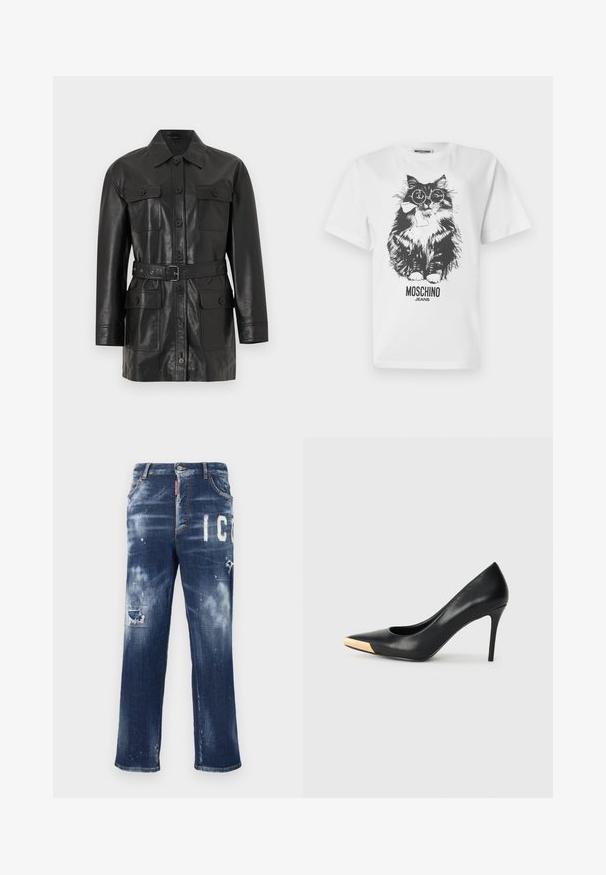 Sort læderjakke med lange ærmer, lynlås med knapper, fire knaplukkelommer med klap og et matchende bælte i taljen.; Hvid T-shirt med sort grafik af en fluffy kat, der bærer runde briller og en sløjfe, med teksten "MOSCHINO JEANS" nedenunder.; Mørkeblå denimjeans med slidte lapper, lyse malingspletter og fed hvid tekst. Straight leg design med en klassisk pasform.; Sort læder stiletter med spids tå; har et metalisk guldakcent på tåkapperne. Glat overflade med et strømlinet design.