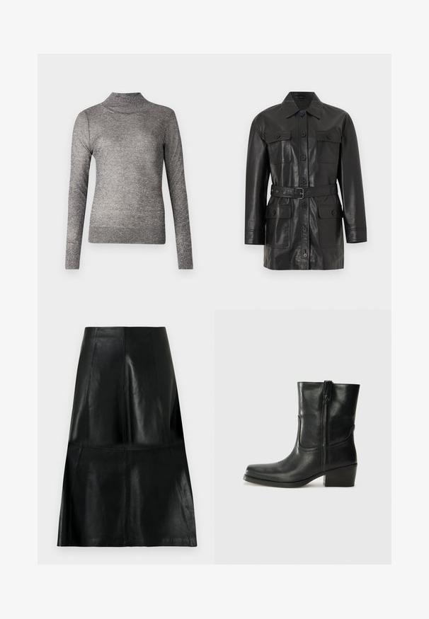Sort læderjakke med lange ærmer, lynlås med knapper, fire knaplukkelommer med klap og et matchende bælte i taljen.; Grå turtleneck sweater med lange ærmer, lavet af et glitrende strikket stof. Har et tætsiddende design og en ribbet krave.; Sort knælængde lædernederdel med syede lodrette og vandrette panel syninger, let udvidet for neden.; Sort læder ankelstøvle med rundt tå, blokhæl, lynlås i siden og stikninger på vampsiden. Glat tekstur, klassisk design.
