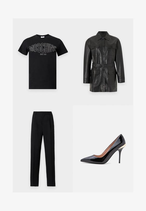 Veste longue en cuir noir à manches longues avec fermeture à boutons, quatre poches à rabat boutonnées et une ceinture assortie à la taille.; T-shirt en coton noir avec un col rond et des manches courtes. "MOSCHINO" en strass sur la poitrine, avec "SINCE 1983" en dessous.; Pantalon noir sur mesure avec une coupe droite, comprenant des plis à l'avant et une texture de tissu lisse. Taille simple sans ornements.; Chaussure à talon haut en cuir verni noir à bout pointu avec un talon aiguille fin et un accent doré près du contrefort.