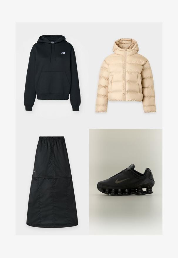 Beige polstret dynejakke med hætte, fuld lynlås foran, sidelommer og lille hvid Nike-logo på brystet.; Sort hættetrøje lavet af bomuldsblanding, med en kængurulomme, snoretræk i hætten og broderet logo på venstre bryst.; Sort atletisk nederdel lavet af let, glat nylonstof. Har elastisk taljebånd og et enkelt, langt, A-formet design.; Sort Nike-sneaker med lynlåsfunktion øverst og karakteristisk fjederlignende opdelt sål, vist i sideprofil mod en neutral baggrund.