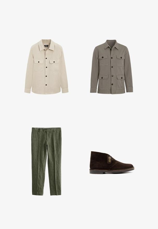 Beige langærmet skjorte med klassisk krave, to brystlommer med knapper og knaplukning foran.; Grå skjortjakke med fire forlommer med klap og en klassisk krave, vist på en ensfarvet hvid baggrund.; Next SIGNATURE - REGULAR FIT - Bukser - olive green; Brun ruskindsankelstøvle med rundet tå, sikret med snørebånd. Har en mærketag og en flad gummisål med diskrete syningsdetaljer.