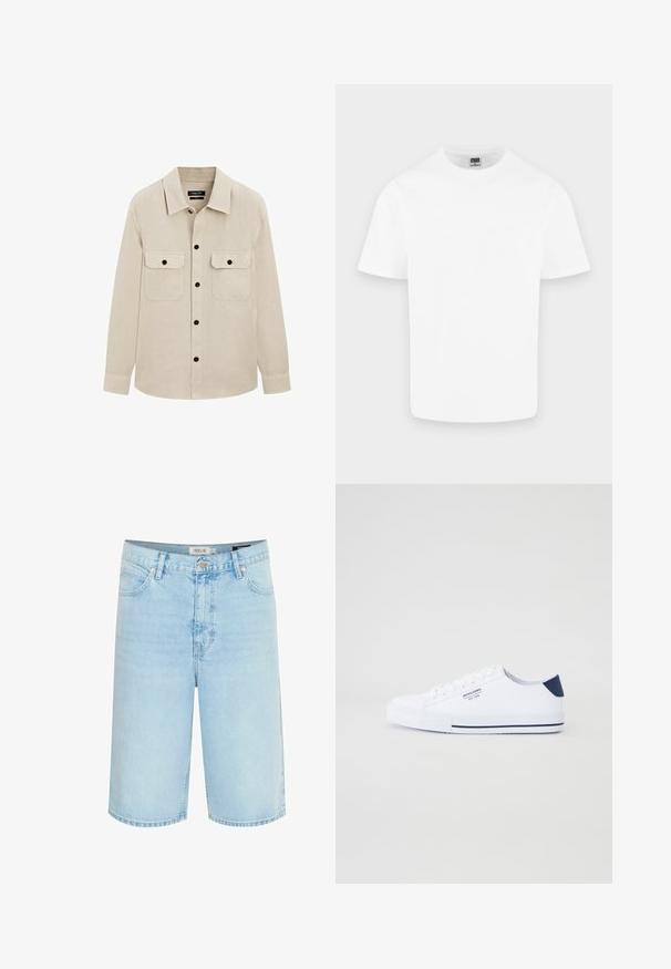 Beige overhemd met lange mouwen, een klassieke kraag, twee borstzakken met knopen en een knoopsluiting aan de voorkant.; Effen witte katoenen T-shirt met korte mouwen en ronde hals, weergegeven op een lichtgrijze achtergrond.; Lichtblauwe denim shorts met een ontspannen pasvorm, vijf-pocket ontwerp, enkele knoopsluiting en contrasterende stiksels langs de naden.; Witte canvas sneakers met een marineblauwe hielaccent, platte rubberen zool, ronde neus en witte veters. Kenmerkt logo op de zijkant.