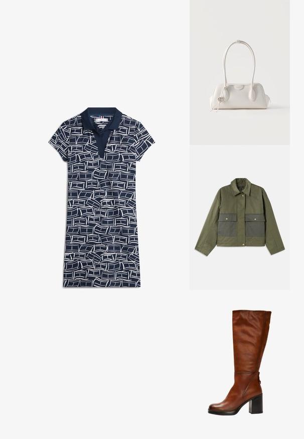 Veste olive en coton avec col, fermeture à boutons et deux grandes poches avant avec rabats.; Robe polo bleu marine à manches courtes avec motif géométrique abstrait blanc et col noir, étalée à plat sur fond blanc.; Botte en cuir marron, haute jusqu'au genou, avec un bout rond, un talon épais noir et des coutures discrètes sur le devant et l'arrière.; Petit sac à main en cuir blanc avec deux longues anses, un pendentif logo argenté et une fermeture éclair de chaque côté, posé sur un fond blanc uni.