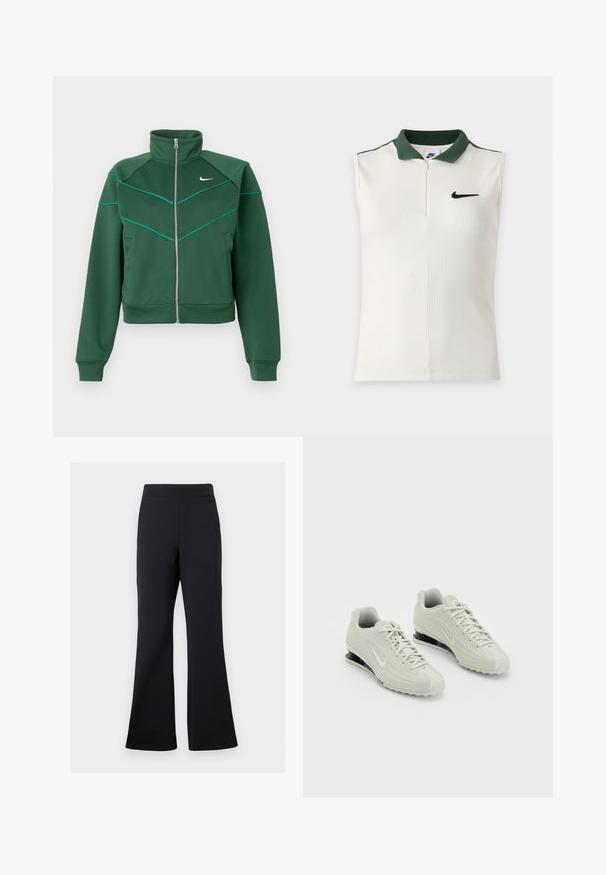 Donkergroene Nike zip-up jacket met hoge kraag, lange mouwen, zijzakken en lichtblauwe pipingdetails op de borst en schouders.; Mouwloos wit Nike-topje met geribbelde textuur, donkergroene kraag, halve rits en zwarte Nike-swoosh op de borst.; Zwarte flared broeken van zachte stof met een elastische tailleband en een discrete zijzakdetail, met een gladde textuur en minimalist ontwerp.; Witte Nike sneakers met een gestructureerde bovenkant, voorzien van een gladde neus en zwarte dempingaccenten. Vetersluiting met een versterkte hiel.