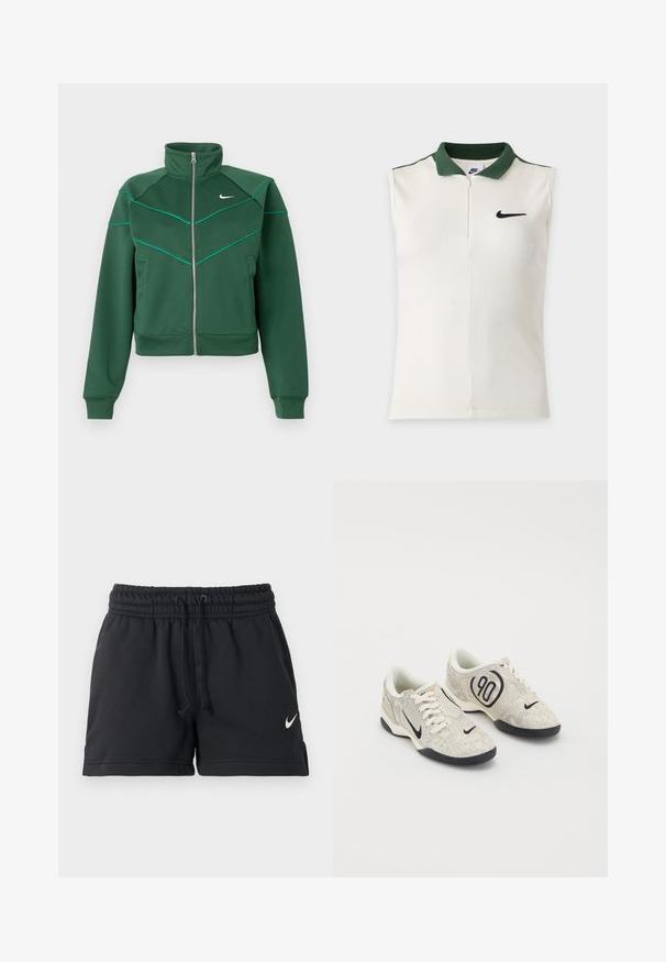 Veste zippée Nike vert foncé avec col montant, manches longues, poches latérales et détails de piping teal clair sur la poitrine et les épaules.; Haut sans manches blanc Nike avec texture côtelée, col vert foncé, demi-fermeture éclair et logo Nike noir sur la poitrine.; Shorts de sport Nike noirs avec taille élastique, cordon de serrage, poches latérales et logo swoosh blanc sur la jambe gauche.; Baskets Nike avec une tige texturée beige et grise, des accents noirs, un grand logo "90" et un laçage blanc. Semelle noire.