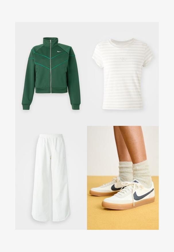 Tmavozelená Nike bunda na zips s vysokým golierom, dlhými rukávmi, bočnými vreckami a svetlo tyrkysovými detalmi na hrudi a ramenách.; Biele prúžkové tričko s krátkym rukávom vyrobené z mäkkej bavlny. Má okrúhly výstrih a malé vyšívané logo Nike na hrudi.; Biele široké športové nohavice s ribbovaným pásom a jemným logom. Hladká tkanina s uvoľneným strihom a zúženým lemom.; Biele tenisky Nike s námorníckym logom, textúrovaná tkanina, biele šnúrky a gumená podrážka, kombinované s chlpatými svetlozelenými ponožkami. Žlté pozadie.