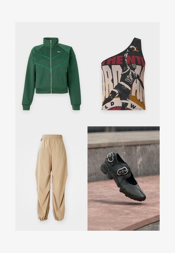Mørkegrøn Nike zip-up jakke med høj krave, lange ærmer, sidelommer og lys teal pipingdetalje på brystet og skuldrene.; Asymmetrisk sort tanktop med grafisk tryk, der viser en basketballspiller, tekstureret stof og kontrasterende røde, beige og gyldne farver.; Beige letvægtsbukser med elastisk talje, tapered manchetter og en glat tekstur, der har en afslappet pasform og ingen synlige mønstre eller udsmykninger.; Sort sko med delt tå og to sølvspændere, tyk sål og perforerede detaljer, svævende over en stenovertagelse.