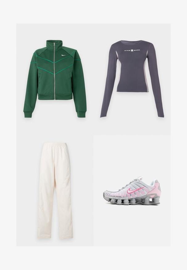Σκούρο πράσινο φούτερ Nike με φερμουάρ, ψηλό γιακά, μακριά μανίκια, πλαϊνές τσέπες και ανοιχτό τιρκουάζ λεπτομέρειες στην περιοχή του στήθους και στους ώμους.; Σκοτεινό γκρι αθλητικό μπλουζάκι με μακριά μανίκια και εφαρμοστή γραμμή, με ανοιχτό γκρι πλαϊνές ρίγες και λευκό λογότυπο "Nike Shox" στο στήθος.; Φαρδιά κρεμ παντελόνια με ελαστική μέση και ίσια γραμμή, παρουσιάζονται σε απλό λευκό φόντο.; Αθλητικά παπούτσια Nike σε λευκό και ανοιχτό ροζ. Διαθέτουν άνω μέρος από διχτυωτό υλικό και διακριτική καμπυλωτή σόλα με ορατή αερόσφαιρα.