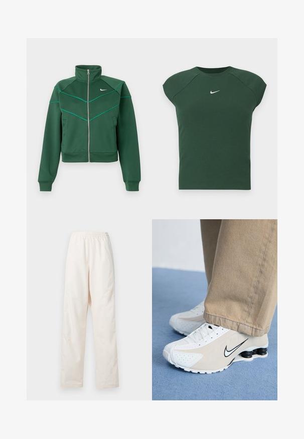 Donkergroene Nike zip-up jacket met hoge kraag, lange mouwen, zijzakken en lichtblauwe pipingdetails op de borst en schouders.; Donkergroen geribbelde sporttop met korte mouwen en ronde hals, voorzien van een klein wit Nike swoosh-logo op de borst.; Loszittende, crèmekleurige broek met elastische taille en een rechte pijp, weergegeven tegen een effen witte achtergrond.; Witte en beige Nike sneakers met geperforeerd ontwerp, zwart swoosh-logo, textuur bovenkant en een kenmerkende veerkrachtige zwarte hak.