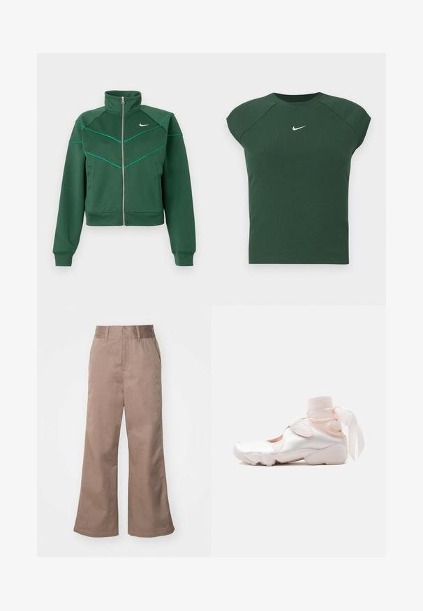 Σκούρο πράσινο φούτερ Nike με φερμουάρ, ψηλό γιακά, μακριά μανίκια, πλαϊνές τσέπες και ανοιχτό τιρκουάζ λεπτομέρειες στην περιοχή του στήθους και στους ώμους.; Σκούρο πράσινο ριγέ αθλητικό τοπ κοντού μανικιού με στρογγυλή λαιμόκοψη, που διαθέτει ένα μικρό λευκό λογότυπο Nike με σχήμα σwoosh στο στήθος.; Καφέ βαμβακερά παντελόνια σε φαρδιά γραμμή με ψηλή μέση, μπροστινές τσέπες και λεία υφή. Το τελείωμα είναι ελαφρώς φαρδύ.; Άσπρο και ανοιχτό ροζ αθλητικό παπούτσι με απαλό υφασμάτινο γυροσκοπικό δέσιμο στον αστράγαλο δεμένο σε φιόγκο, με ρυθμιζόμενο λουράκι και στρογγυλεμένη σόλα.