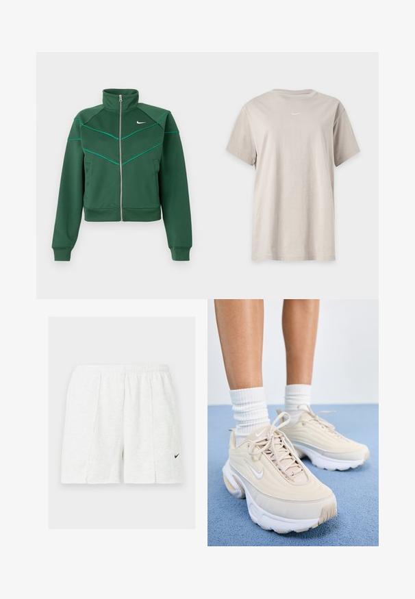 Mørkegrøn Nike zip-up jakke med høj krave, lange ærmer, sidelommer og lys teal pipingdetalje på brystet og skuldrene.; Lyse beige kortærmet bomulds t-shirt med et lille hvidt Nike Swoosh-logo centreret under halsudskæringen.; Hvide atletikshorts med elastisk taljebånd og sort Nike-swoosh-logo på venstre ben, vist på ensfarvet baggrund.; Beige sportsko med en struktureret overdel, hvide snørebånd og en tyk hvid sål. Designet har subtile kurver og et lille logo.
